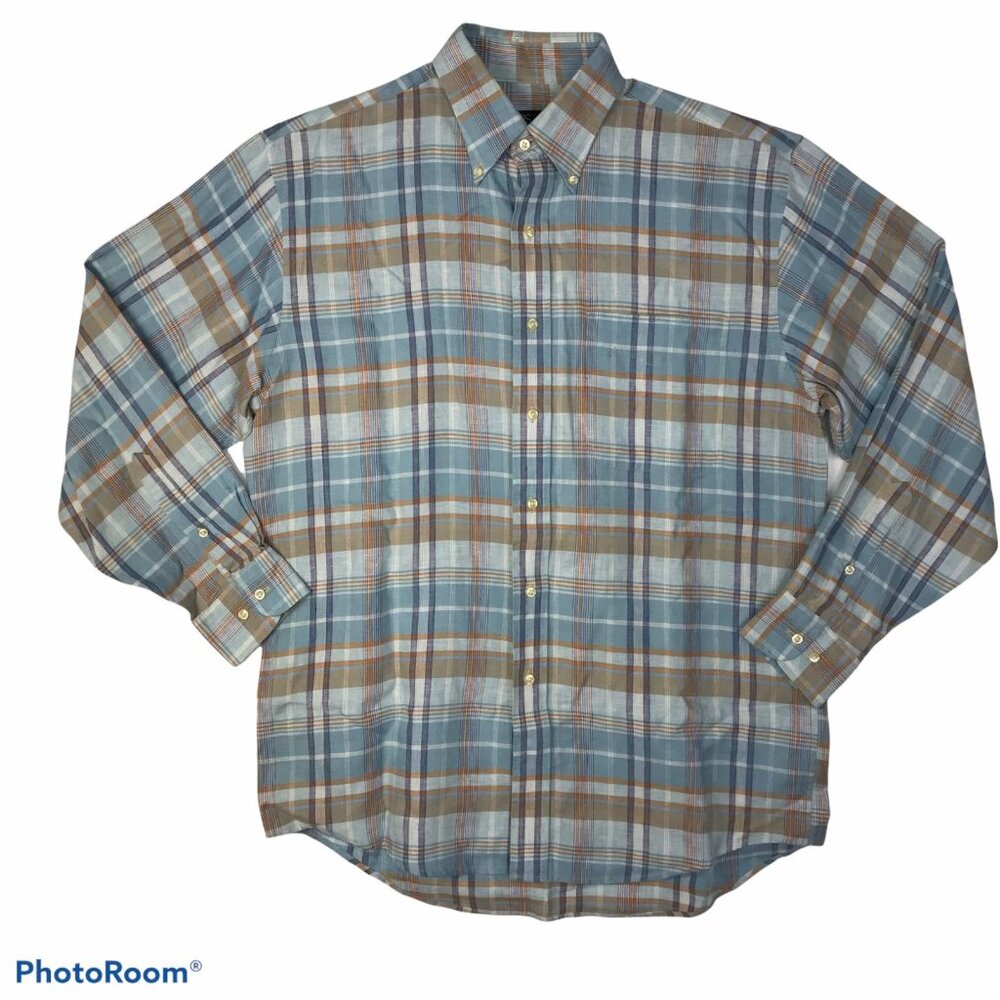 JOS A. BANK Mens XL Blue Plaid Linen Button Up Long Sleeve Shirt READ